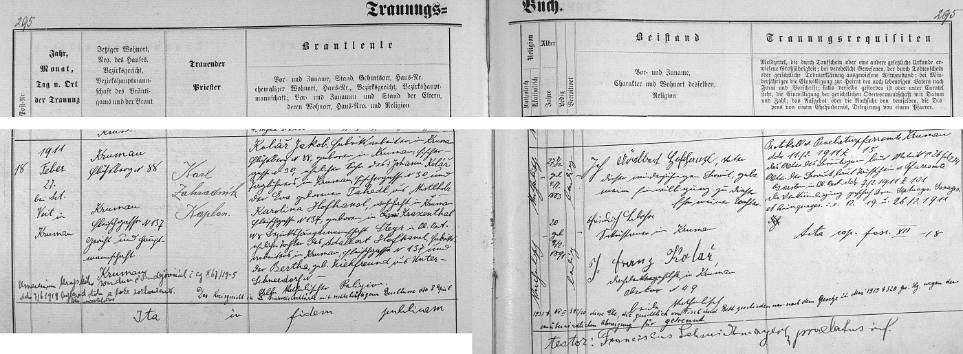 Záznam o svatbě rodičů v českokrumlovské matrice s přípisem o rozvodu tohoto manželství "von Tisch und Bett", tj. "od stolu a lože"