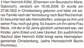 Zpráva o úmrtí Heinricha Kölbla (*27. června 1922 v Křišťanově), manžela Marie Rotschedlové a Heinzova otce, na stránkách krajanského měsíčníku