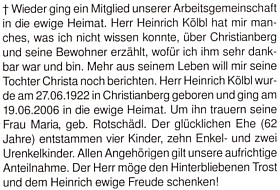 Karl Halletz v otcově nekrologu připomíná i 62 let manželství Heinricha Kölbla s Marií Rotschedlovou (1944-2006)