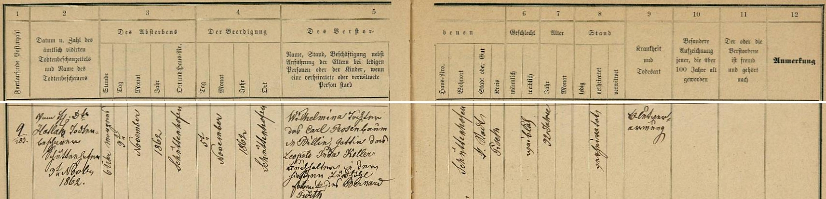 Záznam sušické židovské matriky o úmrtí matčině