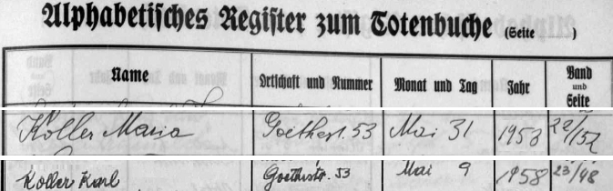 Záznam o manželčině a jeho skonu v indexu úmrtní matriky vídeňské farnosti sv. Rodiny