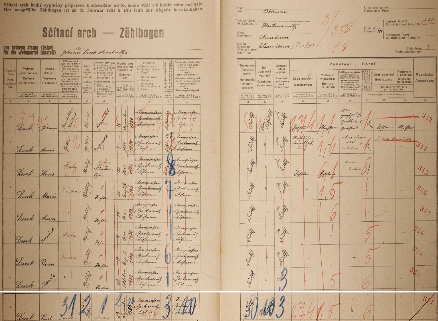Arch sčítání lidu z roku 1921 pro stavení čp. 180 v Zejbiši s rodinou Denkovou i s ní jako mladší sestrou Hedwig (Hedi), provd. Alferiové