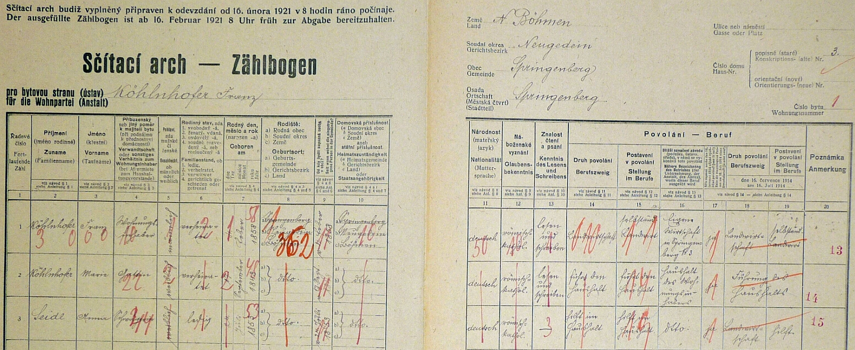 Arch sčítání lidu z roku 1921 pro dům čp. 3 v obci Pomezí, okres Kdyně, s daty jeho rodičů