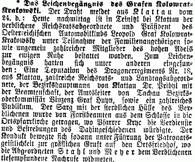 Zpráva z vídeňského tisku o otcově pohřbu (Leopold hrabě Kolowrat byl prezidentem
Rakouského automobilového klubu) do rodinné hrobky v Týnci u Klatov