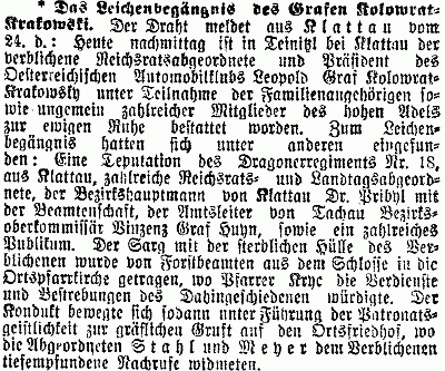 Zpráva z vídeňského tisku o otcově pohřbu (Leopold hrabě Kolowrat byl prezidentem
Rakouského automobilového klubu) do rodinné hrobky v Týnci u Klatov