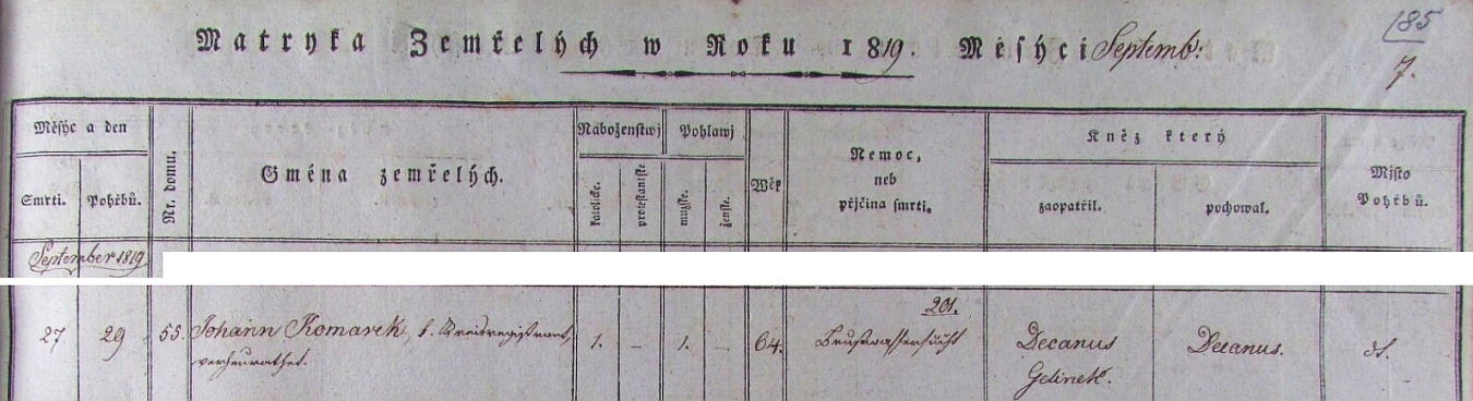 Záznam o jeho úmrtí v klatovské matrice