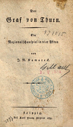 Titulní list lipského vydání jedné z jeho her (1793) a ukázka z ní