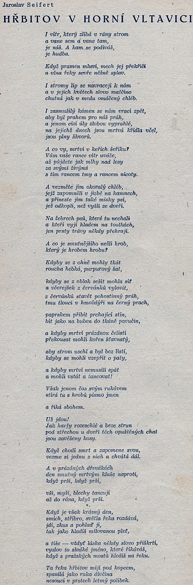 Nezkrácená verze Seifertovy básně o hřbitově v Horní Vltavici, jak vyšla v šumavském kalendáři na rok 1948