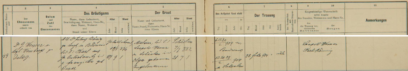 Záznam o svatbě v pražské židovské matrice