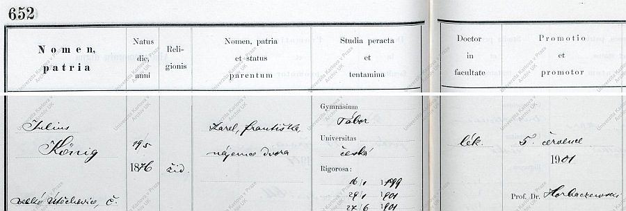 Záznam v matrice doktorů pražské německé univerzity