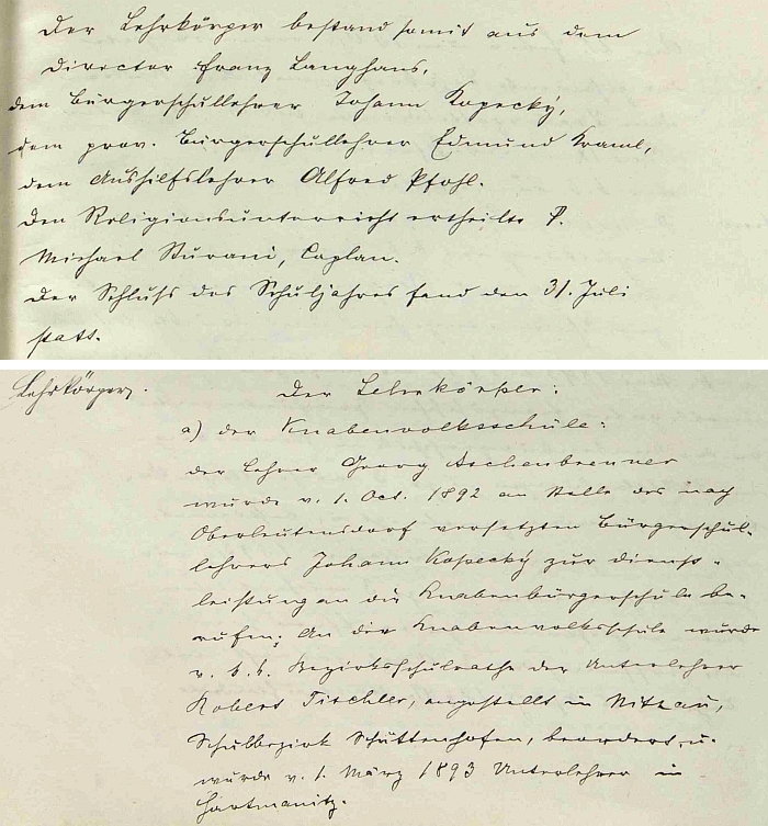 První a poslední zápis o něm ve školní vimperské kronice (nastoupil 15. září 1876, odcházel v roce 1893)