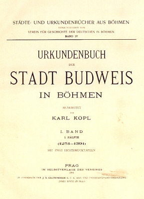 Obálka a titulní list (1901) jeho listináře města "Budějovice v Čechách"