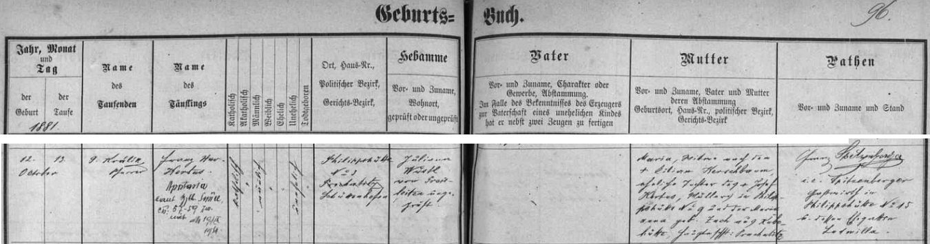 Záznam kvildské křestní matriky o jeho narození ve Filipově Huti čp. 3 v říjnu roku 1881 matce Marii, vdově po Kilianu Kerschbaumovi, dceři Josefa Kortuse, mlynáře ve Filipově Huti čp. 9, a Marie Anny, roz. Zachové z Kubovy Huti - pozdější přípis zpravuje o tom, že se Franz Xaver Kortus roku 1934 zřekl v Sušici katolické víry (apostasia a fide)