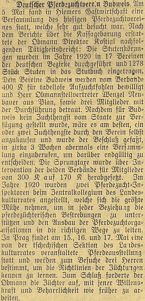 Jako předseda českobudějovického německého spolku pro chov koní podal podle této zprávy přehled činnosti za rok 1920