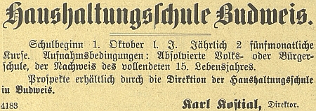 Inzerát "hospodyňské" školy v Českých Budějovicích z roku 1905