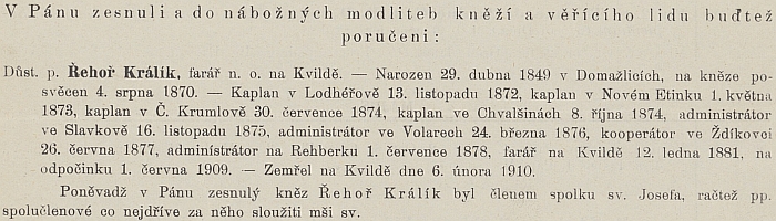 Oznámení o jeho skonu v Ordinariátním listu Budějovické diecéze