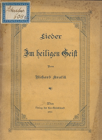 Obálka (1895) jedné z mnoha jeho básnických sbírek, jak se zachovala ve fondu řádové knihovny českobudějovických redemptoristů