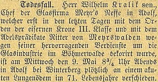 Zpráva o otcově úmrtí na stránkách českobudějovického německého listu