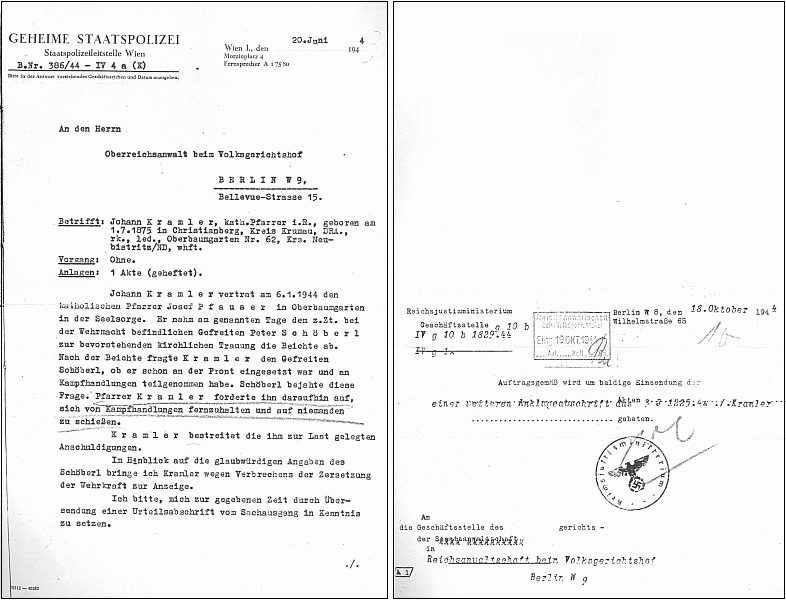 Dopis vídeňského gestapa "lidovému" soudu v Berlíně z roku 1944 ve věci Kramlerově