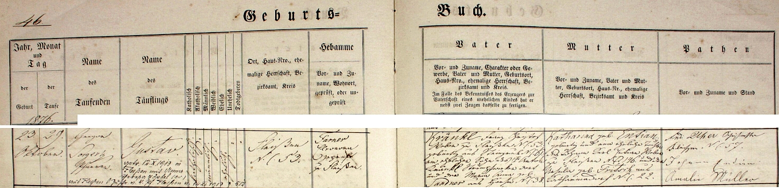 Záznam křestní matriky farní obce Křižovatka (Klinghart) o narotení jeho děda z otcovy strany v Plesné