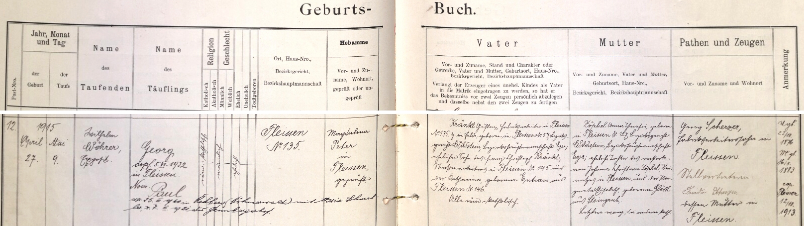 Záznam křestní matriky farní obce Plesná o narození otcově s přípisem o jeho církevní svatbě v Srní 25. března 1940, dva dny po té na stavovském úřadě v Klatovech