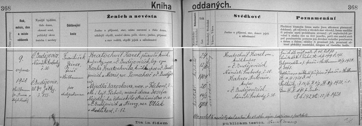 Český zápis o českobudějovické synově svatbě s Jaroslavou Nejedlou, narozenou v Třeboni, dcerou českobudějovického četnického strážmistra Josefa Nejedlého a jeho ženy Anny, roz. Vlčkové z Modlíkova, doprovází tu i česká podoba jména otce ženichova, psaného tu "Kratochvíl Karel sen."