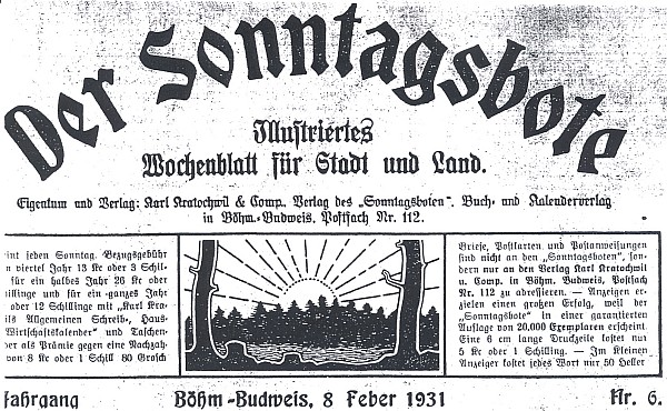 Záhlaví jednoho z čísel českobudějovického "nedělníku" z roku 1931