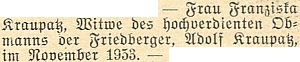 Zpráva o úmrtí jeho ženy Franzisky čtyři roky po něm v listopadu 1953 ve Vídni