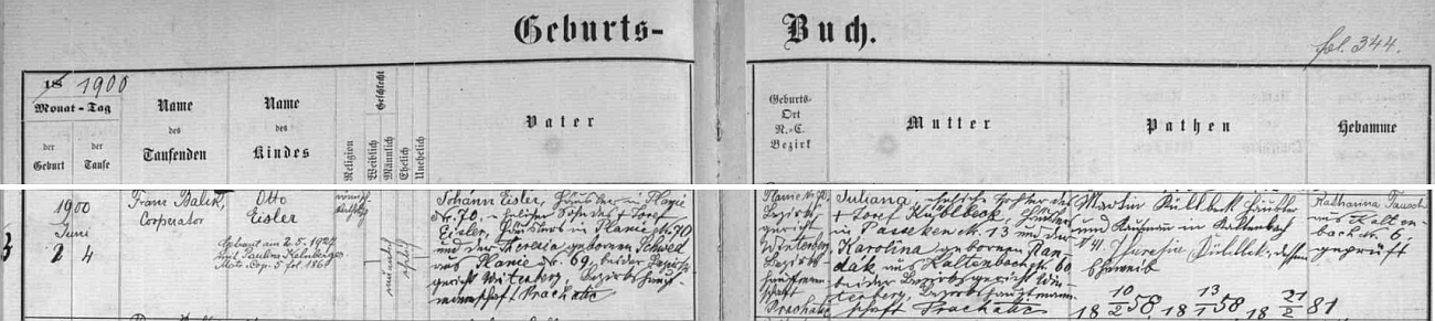 Záznam v křestní matrice farní obce Nový Svět o narození jejího tatínka Otto Eislera (otcem chlapcovým byl Johann Eisler, chalupník z Plání čp. 70 /syn Josefa Eislera, hospodařícího na témže stavení se svou ženou Theresií, roz. Schwedovou rovněž z Plání čp. 69/, matkou Juliana, dcera chalupníka z Paseky čp. 13 Josefa Küblbecka a Karoliny, roz. Randákové z Kaltenbachu /dnes Nové Hutě/ čp. 60) v červnu 1900 - přípis nás pak zpravuje o svatbě Otto Eislera v květnu roku 1927 s Pauline Kelnbergerovou