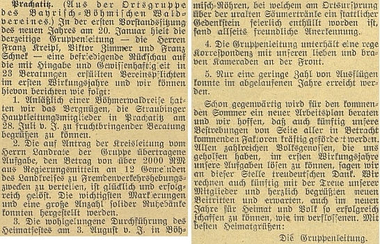 Zpráva budějovického německého listu z ledna 1942 o činnosti prachatické místní skupiny
sdružení "Bayrisch-Böhmischer Waldverein", kterou tehdy spoluvedl