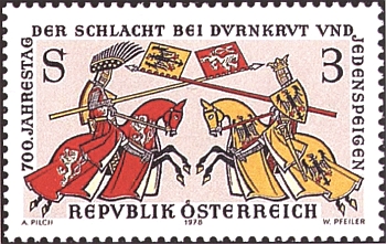 Rakouská poštovní známka k 700. výročí bitvy u Suchých Krut (Dürnkrut)