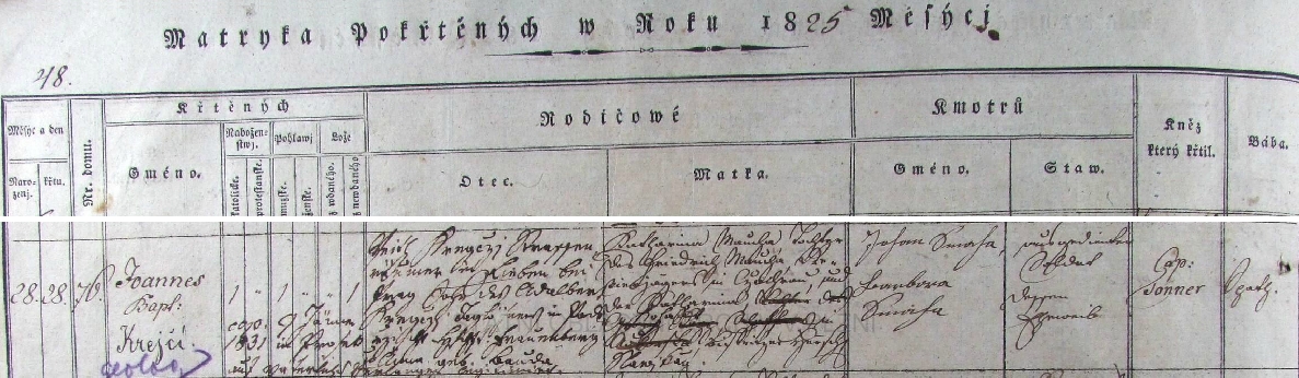 Podle tohoto německy psaného záznamu v klatovské křestní matrice se narodil 28. února roku 1825 v domě čp. 76 na Vídeňském předměstí (téhož dne byl i pokřtěn jménem Johann Baptist, tj. Jan Křtitel) jako nemanželské dítě Kathariny Mouchové, dcery revírníka v Čachrově Friedricha Mauchy a jeho ženy Kathariny, pocházející z města Leschnitz (dnes Leśnica), panství Slawikau (dnes Slawikow) v tehdy pruském, dnes polském Slezsku - otec Fritz Kreyczi, tehdy "Straßenräumer", tj. dlaždič a metař v Libni, syn Adalberta Kreycziho, nádeníka v Podeřišti, panství Hluboká nad Vltavou, a Anny, roz. Boudové, legitimizoval už šestiletého chlapce na vlastní své přání (auf väterliches Verlangen) svatbou s jeho matkou dne 7. ledna 1831 v Proseku