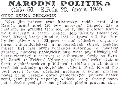 Noticka listu Národní politika ke 120. výročí jeho narození v únoru 1945