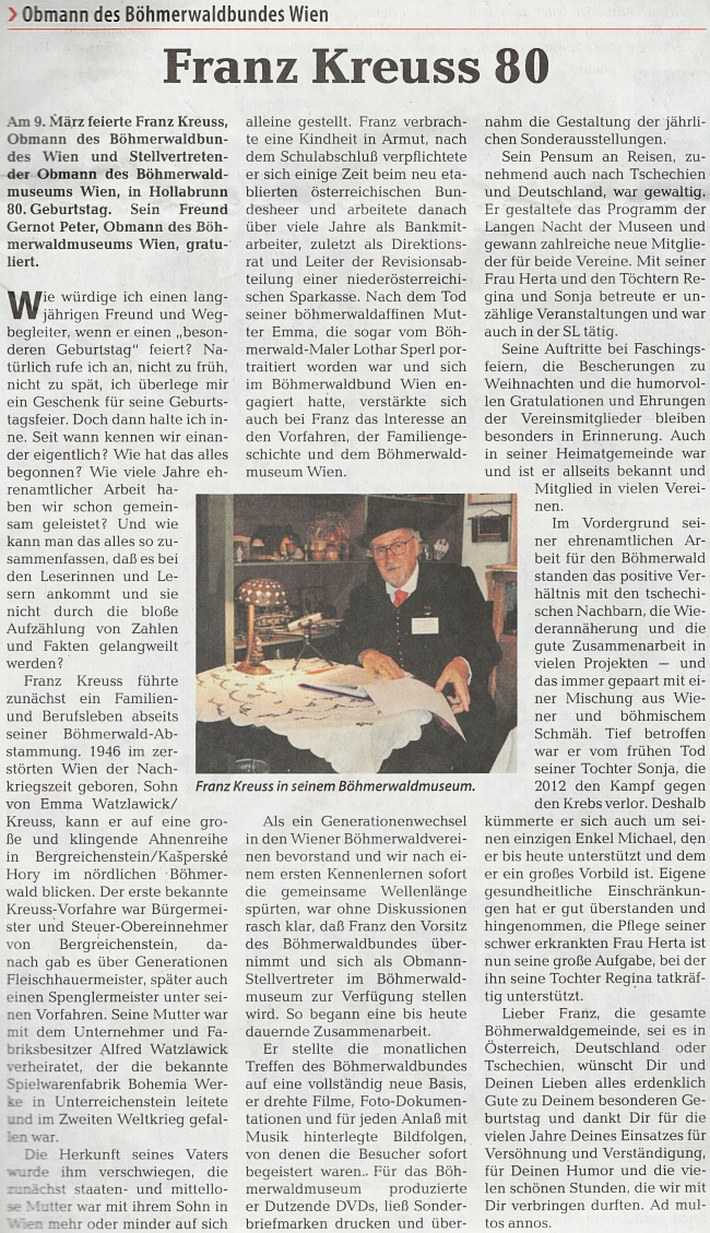 Gernot Peter tu na stránkách ústředního krajanského listu připomíná jeho osmdesátiny
