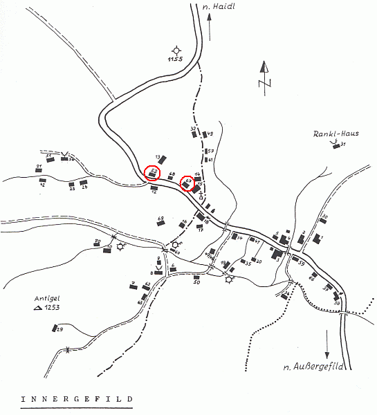 Plánek Horské Kvildy k jeho článku o ní v krajanském sborníku s označením chalup čp. 52 (Max Krickl)
a čp. 67 (Marie Kricklová)