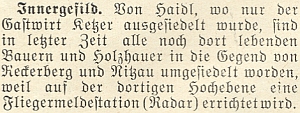 V roce 1952 bylo podle této zprávy v lednovém čísle krajanského měsíčníku z roku 1953 Zhůří vysídleno a na horské pláni byl instalován radar (to slovo bylo tehdy stále poměrně nové, zrozené nedávnou válkou, v té době znovu hrozící)