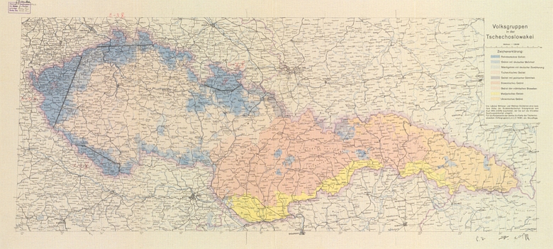 Národnostní mapa Československa, používaná při podpisu mnichovské dohody a uložená dodnes v berlínském archivu ministerstva zahraničí