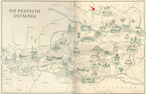 Mapa "Německé Ostmarky", jak se nazývalo Rakousko po anšlusu, je na předsádce jeho knihy Salzburg und Oberdonauland zakreslena s Budějovicemi ležícími dosud v "Česko-Slovensku" okleštěném už pomnichovským záborem, tj. ještě před 15. březnem 1939