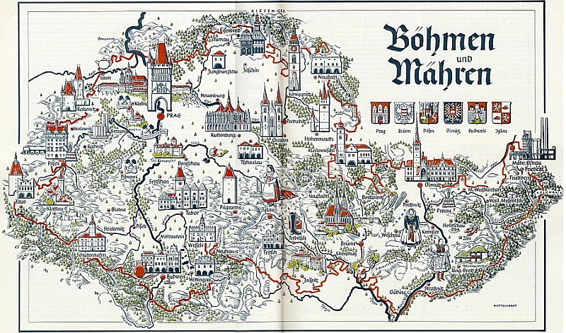 Touž signaturu Nettelhorst jako mapa "Ostmarky" má i tato stylizovaná podoba Protektorátu Čechy a Morava (1940) z reprezentačního časopisu "státního ministra" Karla Hermanna Franka, kde už "říšská" Šumava leží v zahraničí