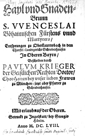 Obálka a titulní list ingolstadtského vydání jeho díla z roku 1658 ve sbírkách Bavorské státní knihovny...