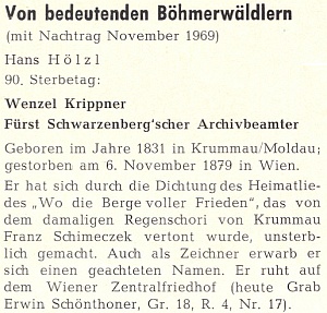 Takto vzpomněl Hans Hölzl 90. výročí Krippnerova úmrtí na stránkách krajanského měsíčníku