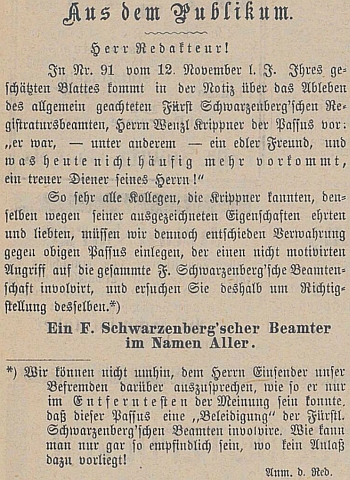 Zpráva o jeho úmrtí v českobudějovických německých novinách a anonymní reakce "schwarzenberského úředníka", kterou vyvolala