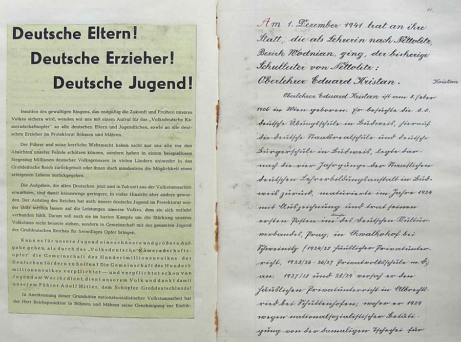 Dvoustránka s jeho úvodním zápisem v ledenické německé školní kronice