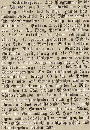Tady podle zprávy českobudějovického německého listu vystoupil na slavnostním večeru k poctě Friedricha Schillera s přednáškou o postavách žen ve Schillerově životě a díle