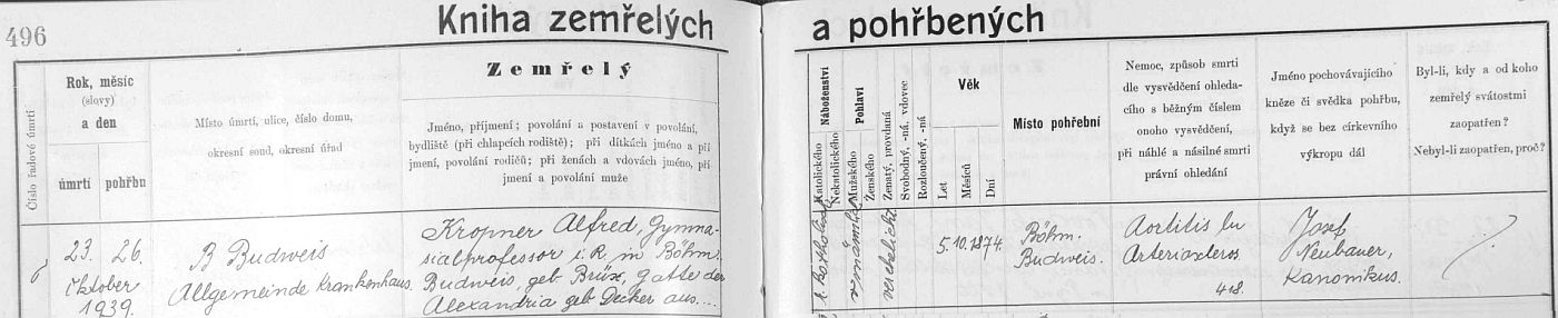 Záznam o jeho skonu na stránkách českobudějovické úmrtní matriky