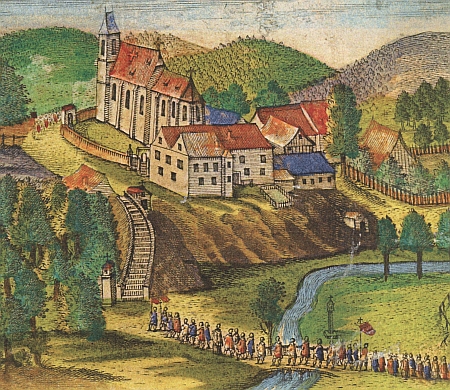 Nejstarší vyobrazení poutě do Kájova z roku 1660 s pozdně gotickou ještě podobou věže kostela před barokní přestavbou (viz i Maria Schwarzová)