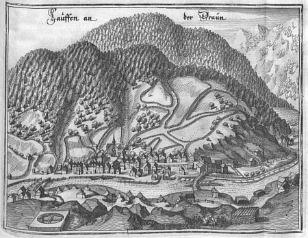 "Lauffen na řece Travně", jak městys zachycuje mědirytina Matthäuse Meriana z jeho díla "Topographia Provinciarum Austriacarum" (1679)