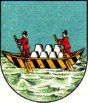 Znak městyse Lauffen, zpodobující dopravu soli po Travně, pravostranném přítoku Dunaje