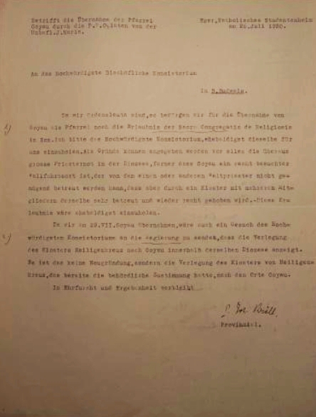 Jeho dopis z června 1930, adresovaný českobudějovickému biskupství, se žádostí o souhlas s převzetím poutního místa Kájov do užívání oblátů