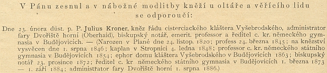 Zpráva o jeho úmrtí v ordinariátním listu budějovické diecéze